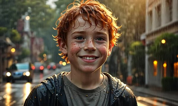 Ein Junge hat Spa&szlig; und steht im warmen Sommer Regen, die Tropfen Wasser durchn&auml;ssen ihn und er genie&szlig;t die feuchte Abk&uuml;hlung l&auml;chelnd wie eine Dusche