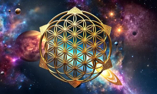 Blume des Lebens Gold gl&auml;nzend Symbol Kraft Energie Harmonie spirituelles Erwachen vor Hintergrund aus bunten leuchtenden Sternen Galaxien Planeten im All Universum Astronomie heilige Geometrie