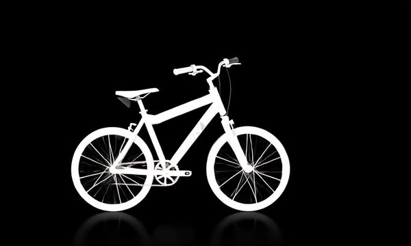 wei&szlig;es Origami Papier Fahrad f&auml;hrt selbst&auml;ndig und verwandelt sich in Silhouette vor Hintergrund in schwarz drehende R&auml;der ebike Bewegung Fortbewegung gesund 