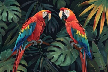 Fototapeta premium Tropical parrots surrounded by lush foliage in vivid colors, creating a vibrant and lively atmosphere, ideal for nature themed projects and designs