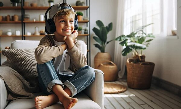 ein gl&uuml;cklicher blonder Junge sitzt barfu&szlig; mit Kopfh&ouml;rer l&auml;chelnd in einem gem&uuml;tlichen Sessel im Wohnzimmer und genie&szlig;t was er h&ouml;rt voller Freude, unbeschwerte Kindheit Freizeit Musik 
