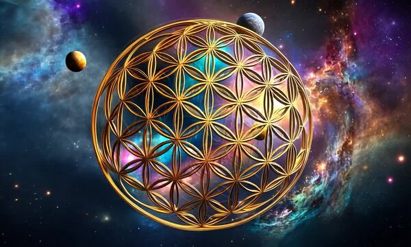 Blume des Lebens Gold gl&auml;nzend Symbol Kraft Energie Harmonie spirituelles Erwachen vor Hintergrund aus bunten leuchtenden Sternen Galaxien Planeten im All Universum Astronomie heilige Geometrie