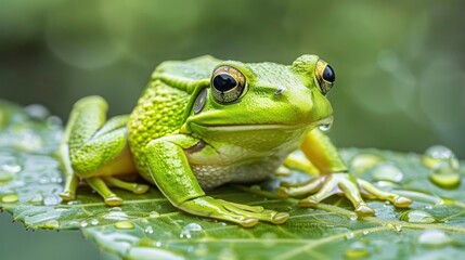 Fototapeta premium Close-up of a vibrant green frog perched on a dew-kissed leaf.