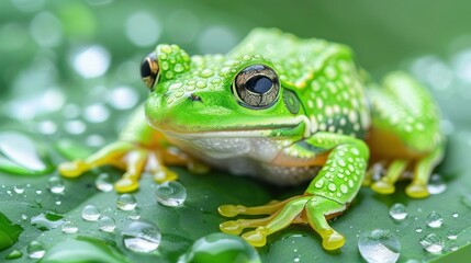 Obraz premium Green tree frog on a dew-covered leaf.