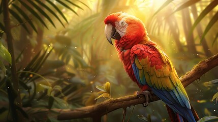 Scarlet macaw perched on branch in lush rainforest, sunlight streaming through leaves.