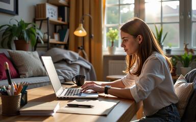 Freelancer working remotely using laptop at home