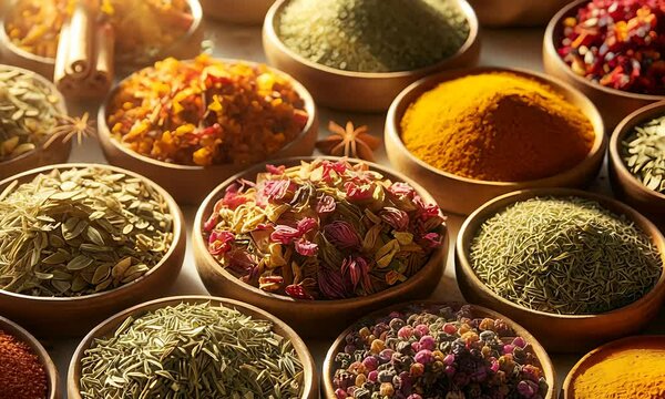 Gew&uuml;rze Kr&auml;uter getrocknet angeh&auml;uft in bunten Farben im warmen Licht mit Sonnenstrahlen orientalische und asiatische K&uuml;che w&uuml;rzig scharf gesund aromatisch