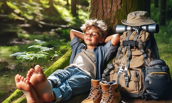 Junge Kind liegt barfu&szlig; entspannt an Baum gelehnt im Wald neben sich Wanderschuhe und Rucksack, sommerliche Wanderung Pause Rast Erholung gem&uuml;tlich l&auml;chelnd geschlossene Augen Waldbaden Natur Erlebnis