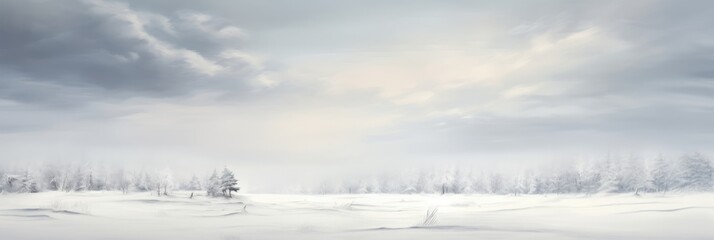 Fototapeta premium Winter Wonderland in Serene Snow-Covered Landscape with Frosty Trees and Cloudy Sky Illuminated by Soft Pastel Light in a Peaceful Nature Scene