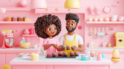 Couple making chocolate truffles together, kitchen setting, vibrant details, 3D illustration 