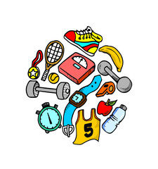 Weight loss, fitness and healthy lifestyle. Set of cute elements in doodle style.