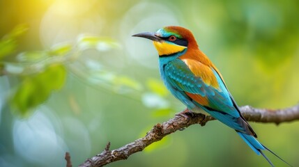Fototapeta premium Vibrant European bee-eater perched on branch.