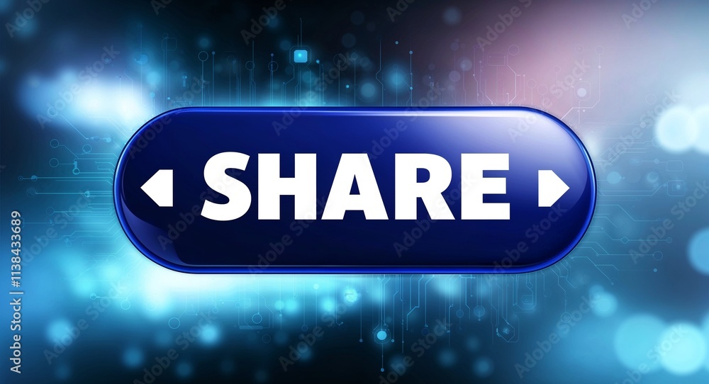 Poster share word lettering on a button in digital tech blur background