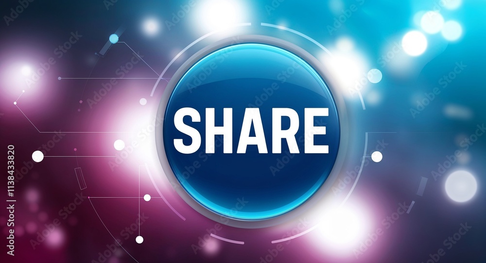 Poster share word lettering on a button in digital tech blur background