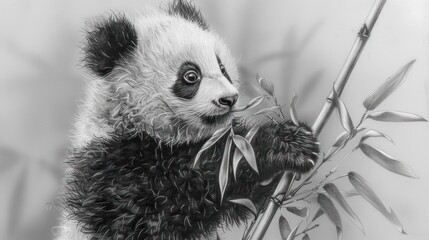 Adorable panda cub eating bamboo leaves.