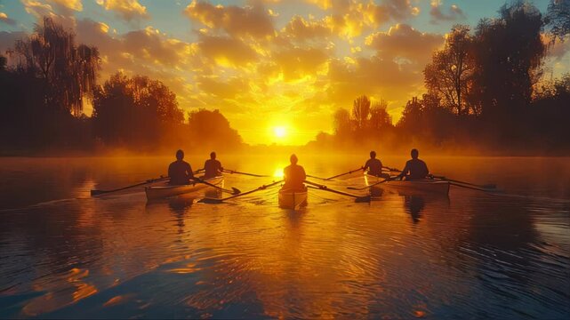 Rowing team glides across a lake at sunrise, silhouetted against a golden sky, practicing in harmony