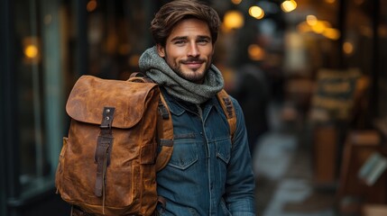 Fototapeta premium A young man with a backpack smiles in a vibrant urban setting.