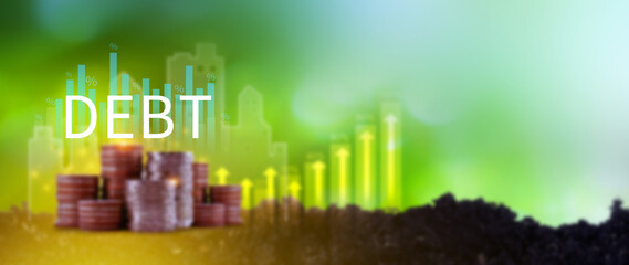 Fototapeta premium Debt growth coin and percentage for debt reduction concept, growth of public debt, Delve deeper the complex concept of debt and significant impact on effectively managing personal finances.