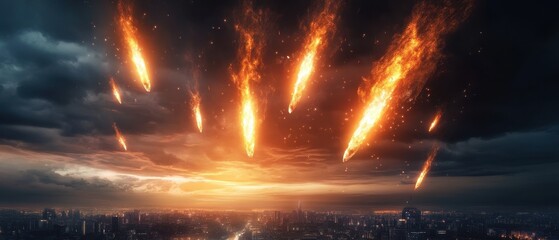 Asteroids streaking across a darkening sky.