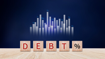Debt growth for debt reduction concept, growth of public debt on wooden cube, Delve deeper the complex concept of debt and significant impact on effectively managing personal finances.