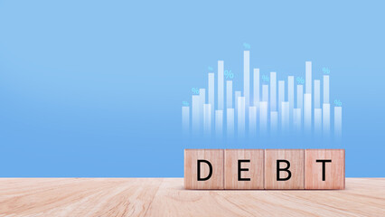 Debt growth for debt reduction concept, growth of public debt on wooden cube, Delve deeper the complex concept of debt and significant impact on effectively managing personal finances.