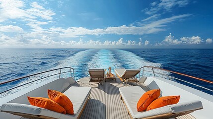Luxury yacht's aft deck, sun loungers, ocean view.