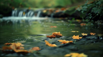 Leaves floating down a quiet stream, their steady movement creating a calming rhythm.