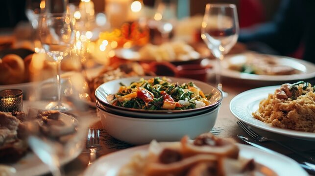 Traditional dinner meal dishes on table during family gathering party to celebrate Chinese lunar new year