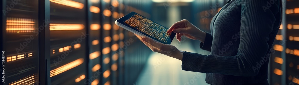 Poster woman using tablet in server room data center technology digital network it