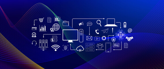 Technology equipment and line interface icons, Computer system resources and data storage, Cloud service technology marketing and business concept, for background.