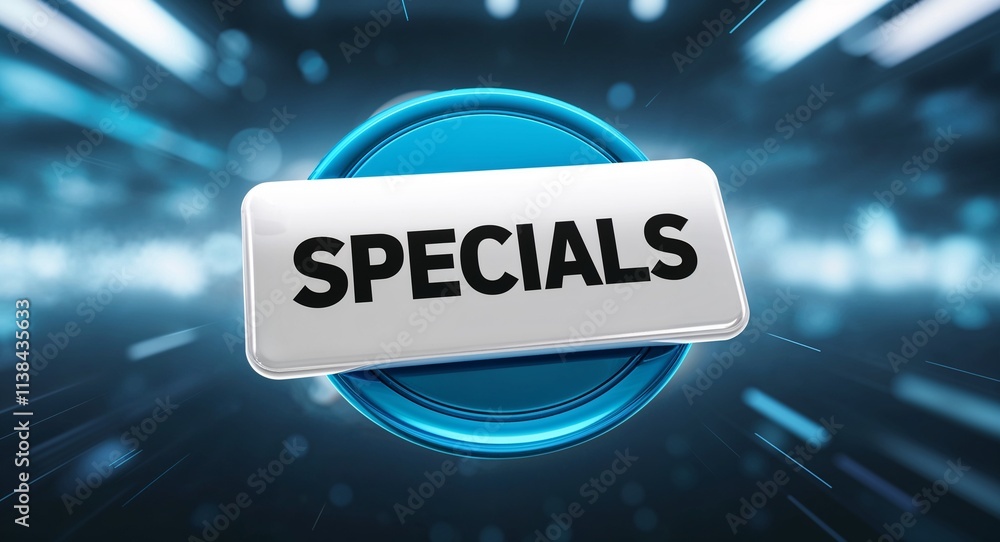 Poster daily specials word lettering on a button in digital tech blur background