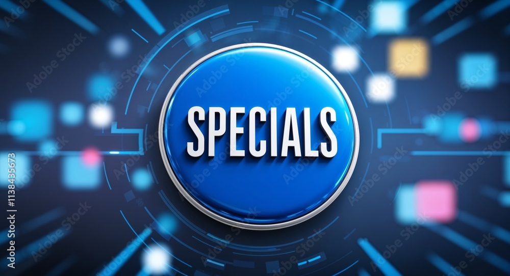 Poster daily specials word lettering on a button in digital tech blur background