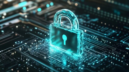 Cyber Security  Digital Padlock on Circuit Board