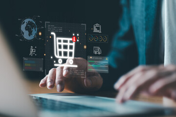 Business person point and manage online e-commerce business automation logistic supply chain in online dashboard. Global worldwide logistic management for online shopping with warehouse inventory.