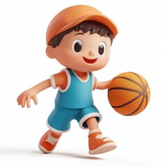 Cheerful cartoon boy in orange cap and blue sports outfit happily dribbling basketball while running, showcasing playful sports activity and childhood joy.