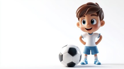 Cheerful cartoon boy standing confidently next to a soccer ball, ready to play sports, showcasing enthusiasm and joy in a playful illustration style.