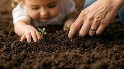 A child and an adult planting seedlings in rich soil, fostering a connection with nature and nurturing growth.