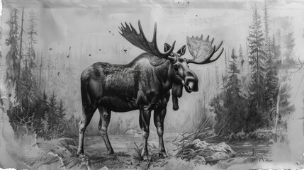 Vintage grayscale illustration of a majestic moose in a forest setting.