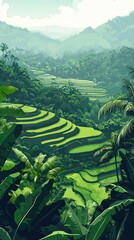 Lush Green Rice Terraces In A Tropical Valley