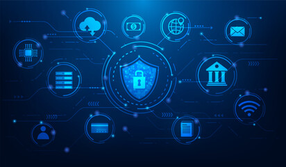 cyber security technology protection key lock data information blue background. vector illustration fantastic technology.