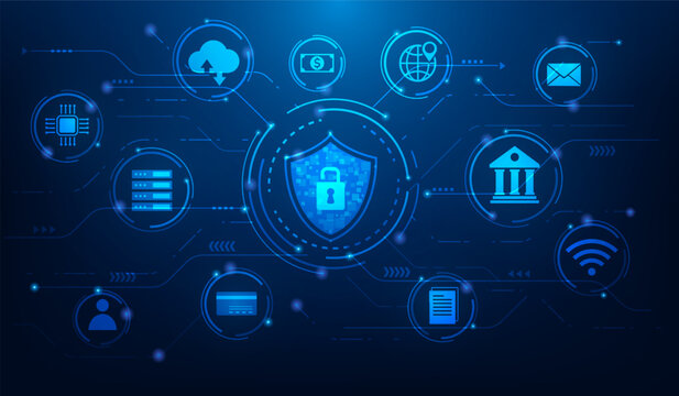 cyber security technology protection key lock data information blue background. vector illustration fantastic technology.