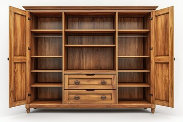 Empty wooden armoire with open doors, showing shelves and drawers.