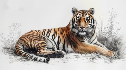 Obraz premium Majestic tiger resting in monochrome grassland.