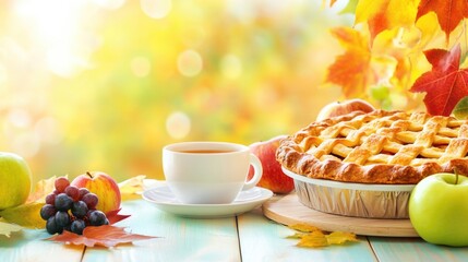 Autumn harvest: freshly baked apple pie and coffee with colorful leaves Apple Gifting Day