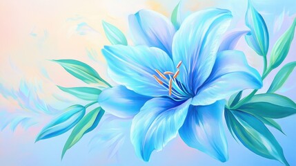 Fototapeta premium Vibrant blue lily with leaves on pastel background