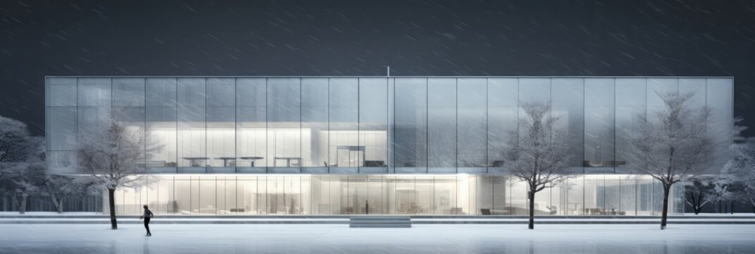 Modern architectural marvel, an elegant glass building beautifully illuminated at night amidst a serene snowy landscape, embodying sophistication and tranquility.