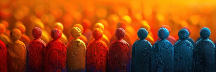 A vibrant and colorful group of abstract human figures standing together, symbolizing unity and diversity in a modern artistic expression