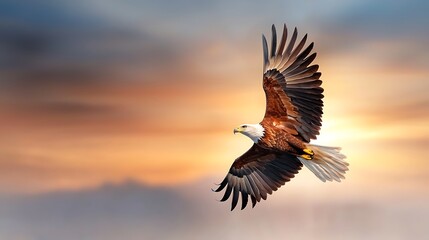 A photostock of a majestic eagle soaring in a clear blue sky, Ultra-Realistic, Photo Realistic, highly detailed, 