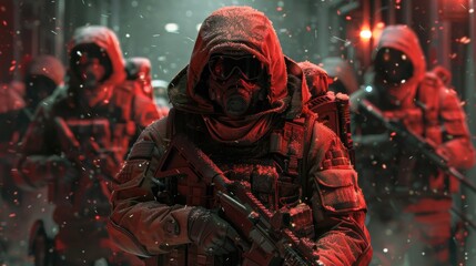 Obraz premium A group of heavily armored soldiers wearing winter gear and tactical masks advances through a snowy and dimly lit urban setting during a nighttime operation