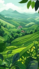 Lush Green Hillsides Village Tranquil Mountain Scenery